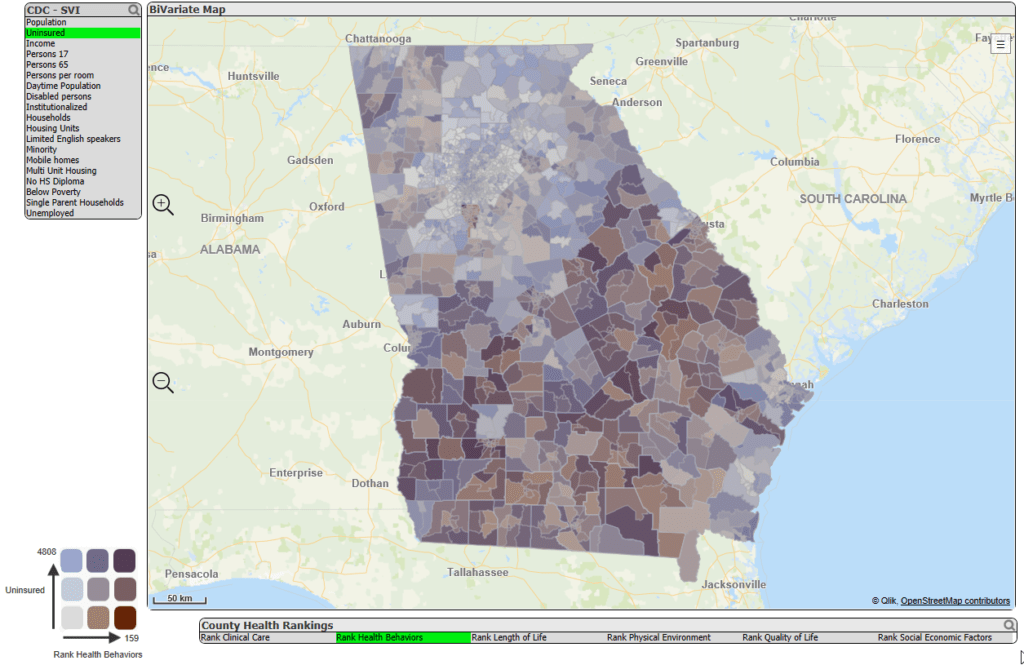Qlik's bivariate map depicting County Health Rankings in one colour scale at the county level and the CDC Social Vulnerability Index at the census tract level in another colour scale