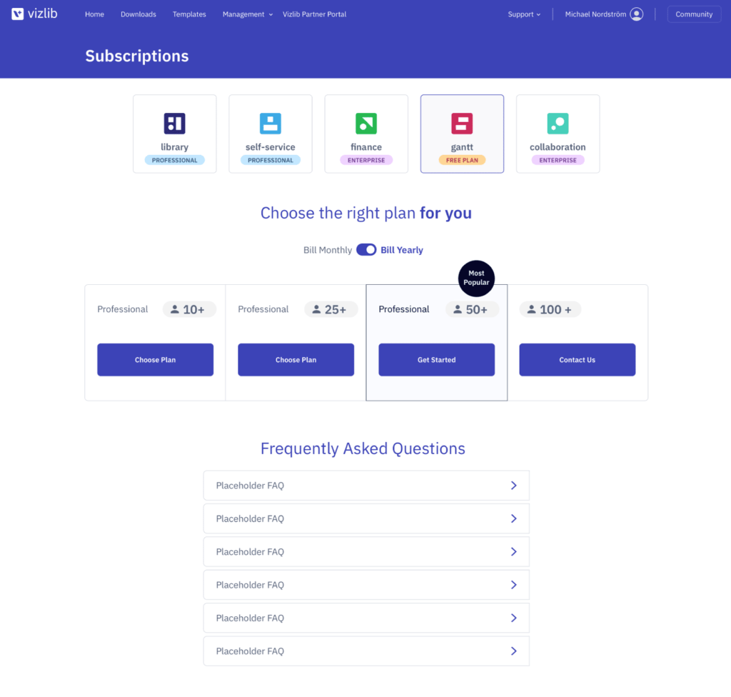 Vizlib's User Portal showing easy subscription options